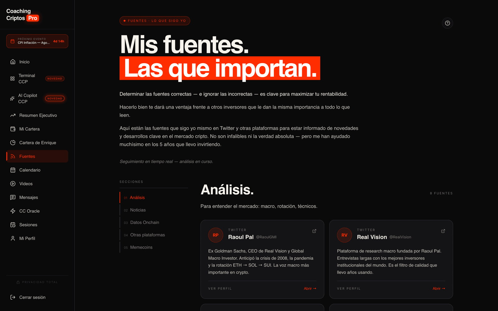 Captura real de la sección Fuentes: Más fuentes no es más información